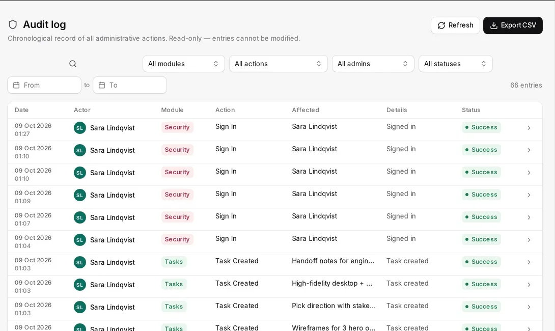 Tascimo audit log listing sign-ins and changes with the person, module, action and status
