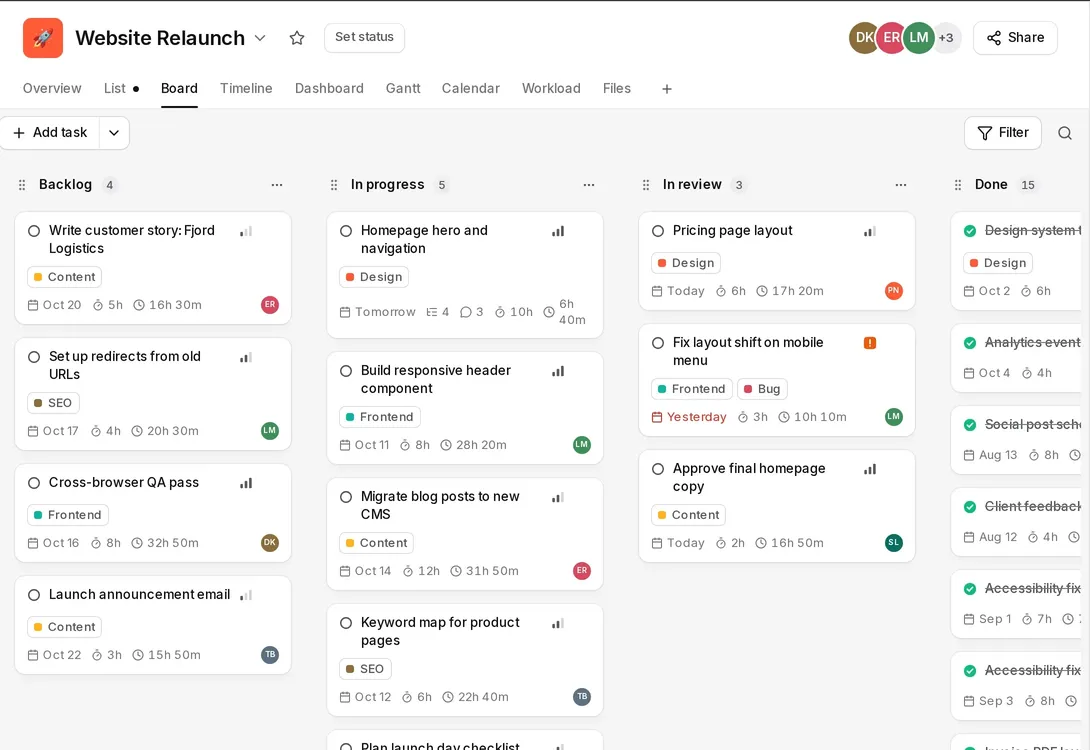Board columns in Tascimo with tags, due dates, estimates and tracked time on each card