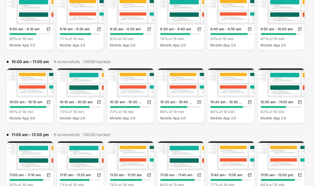 Tascimo screenshots page with ten-minute blocks, activity percentages and the project being tracked