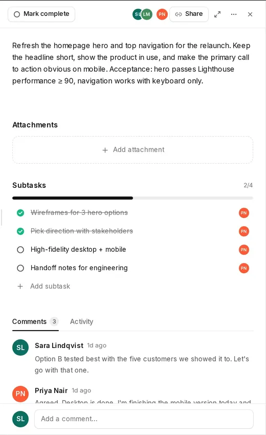 Tascimo task panel with description, subtasks and a comment thread