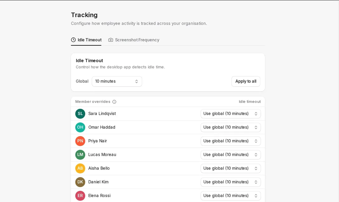 Tascimo tracking settings with a global idle timeout and an override per team member