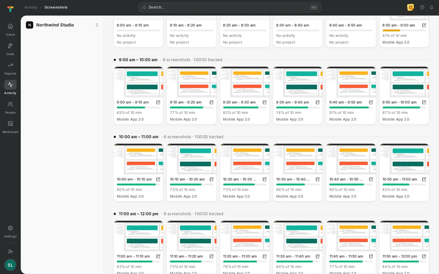Tascimo screenshots page with ten-minute blocks and activity levels